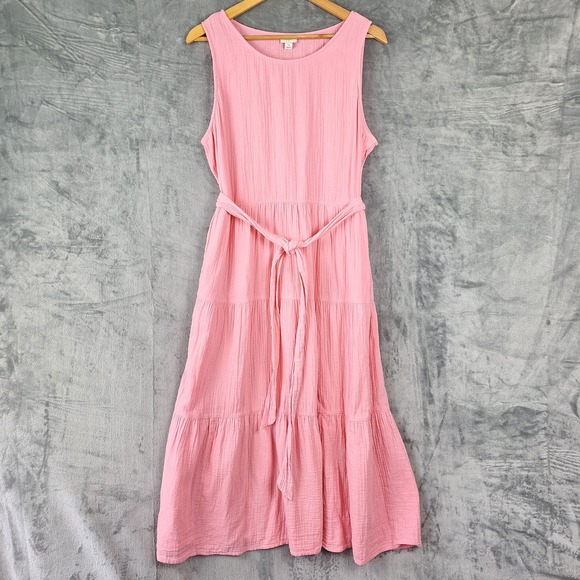 J. Crew Dresses & Skirts - J Crew Dress 14 Pink Midi Pockets Belted Gauze Tiered Cottage Boho Beach Prairie